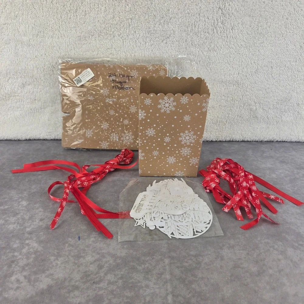 24pc Christmas Kraft Paper Treat Bags Snowflake Gift Bags with Ribbons & Tags